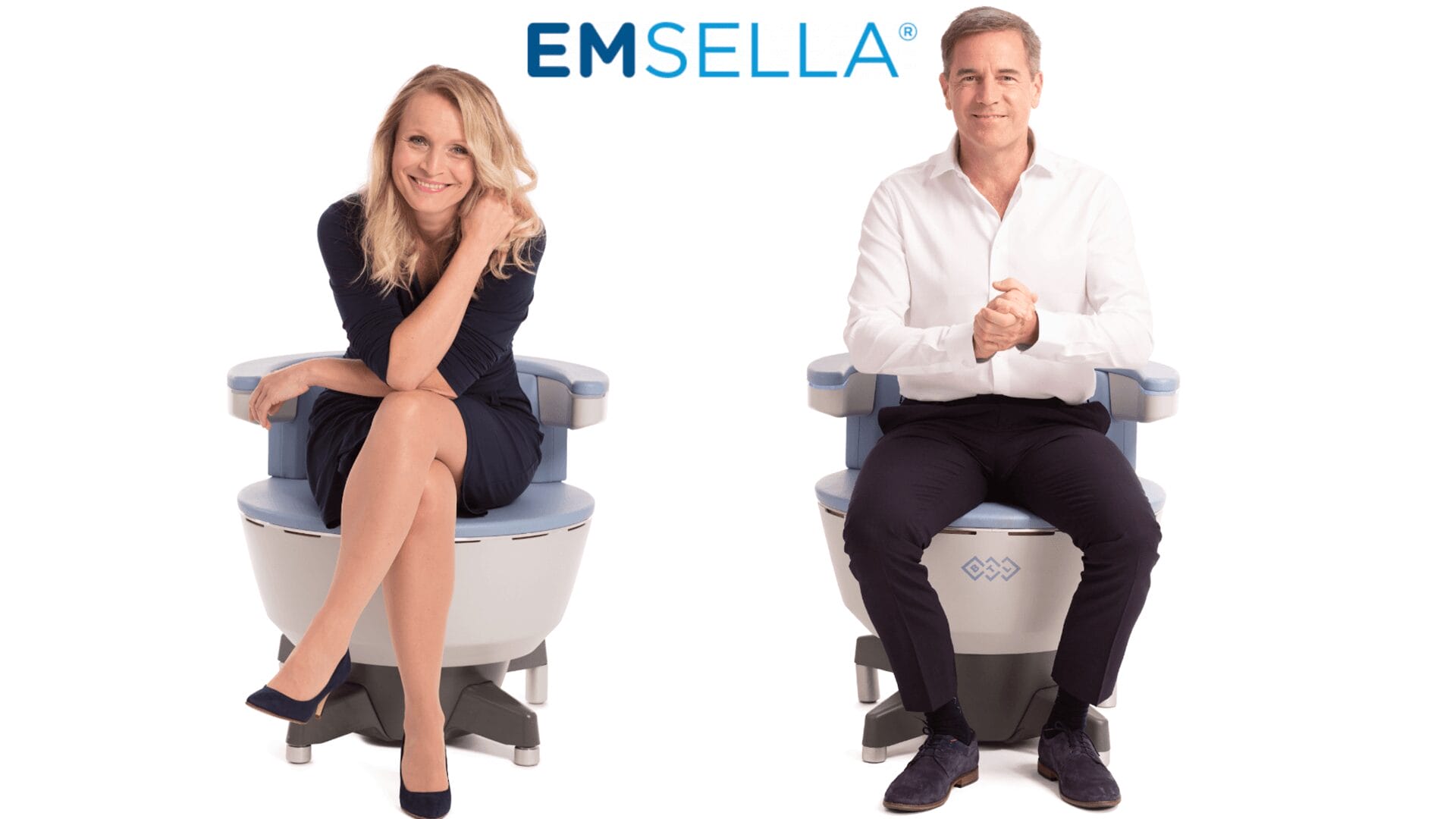 EMSELLA Chair Man and woman sitting on the EMSELLA to show the product.